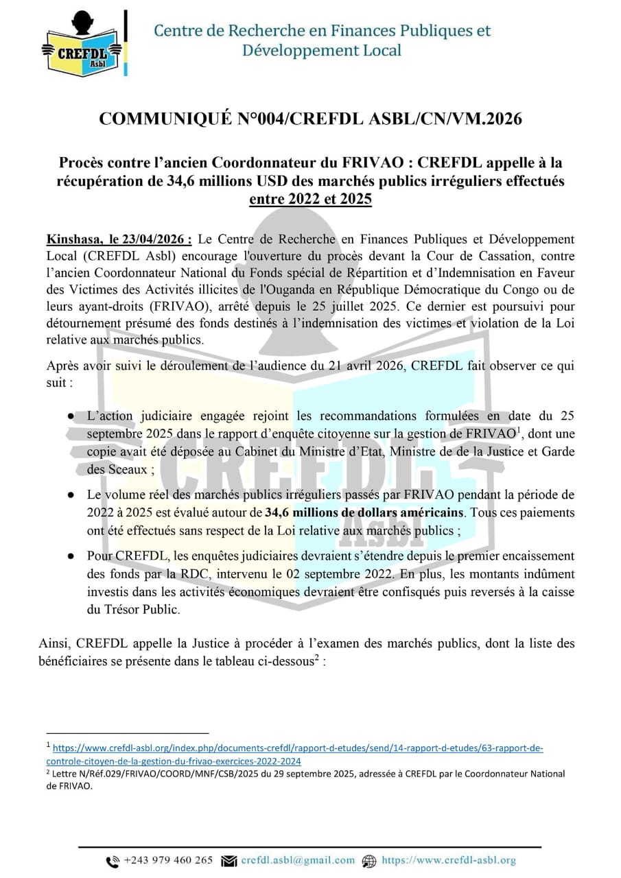 RDC : le CREFDL exige la restitution des 34,6 millions USD de marchés publics irréguliers du FRIVAO