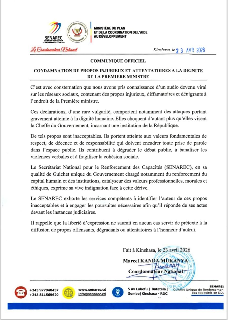 RDC : le SENAREC dénonce des propos « ignobles » visant la Première ministre et exige des poursuites