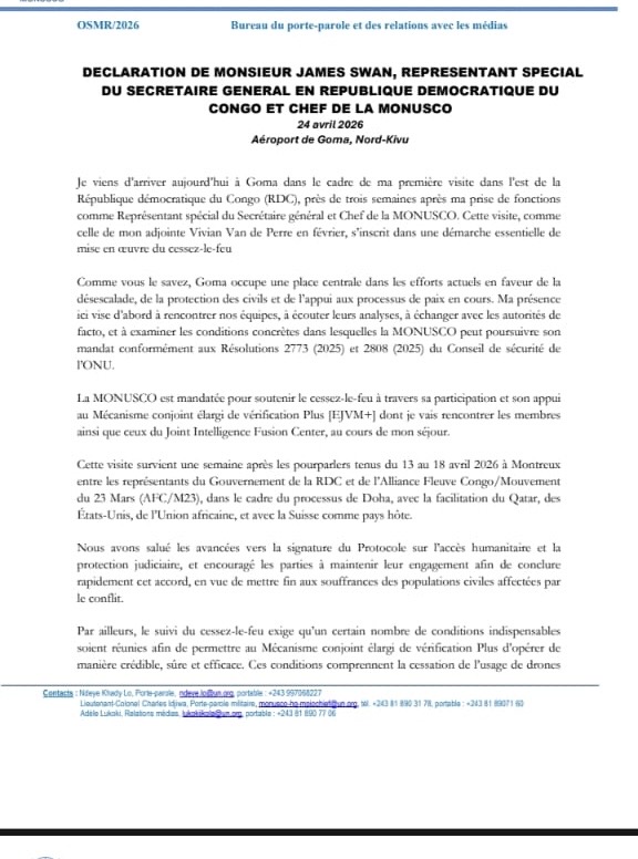 Goma: James Swan relance l’espoir d’un cessez-le-feu durable dans l’Est de la RDC