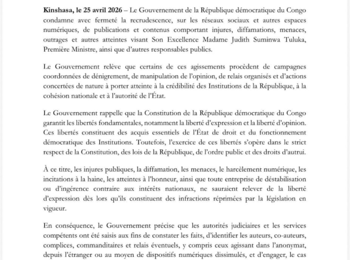 RDC : le gouvernement hausse le ton face aux attaques contre la Première ministre et engage des poursuites judiciaires