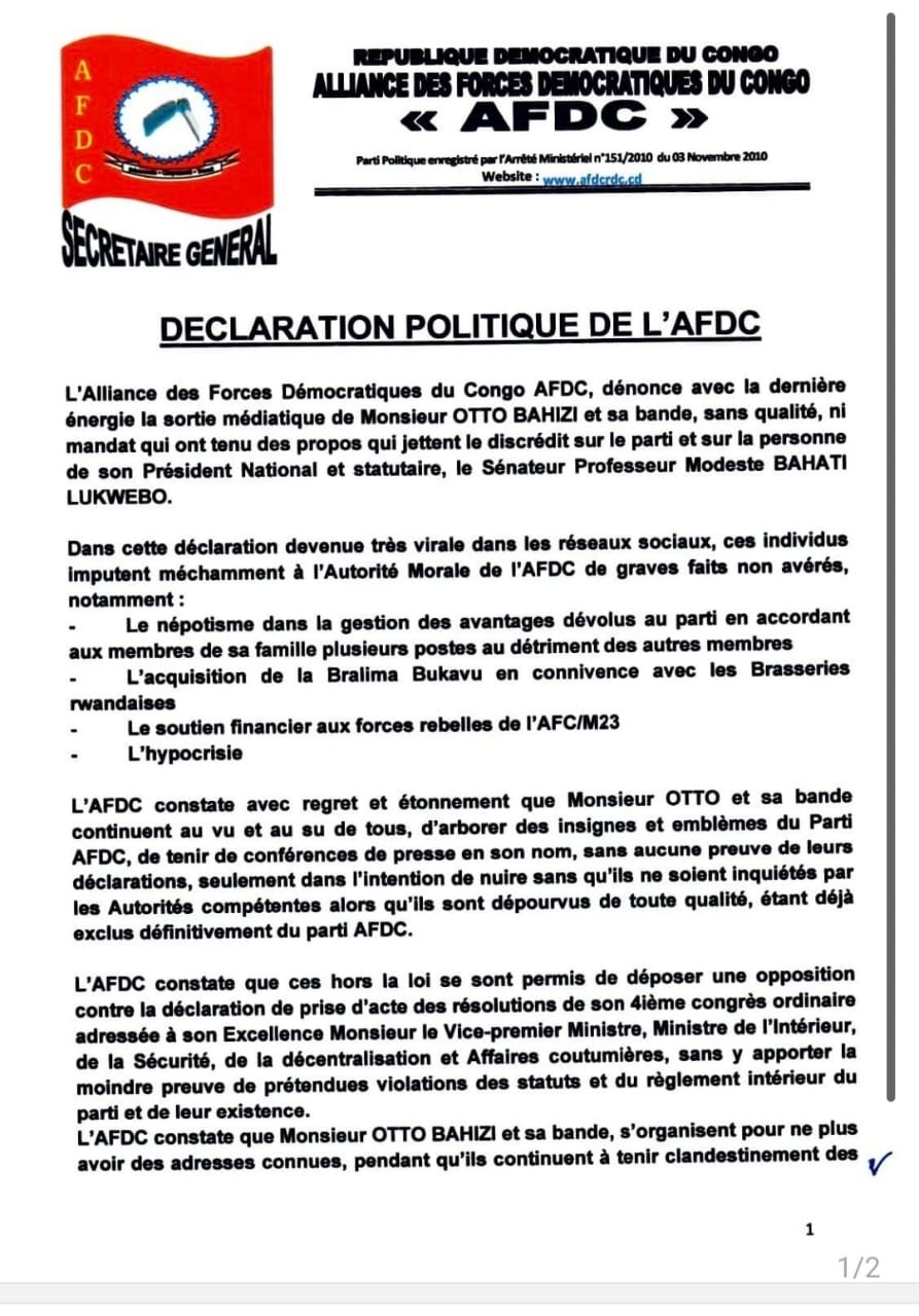 Crise à l’AFDC : le camp Bahati Lukwebo charge Otto Bahizi et dénonce une “campagne de déstabilisation”