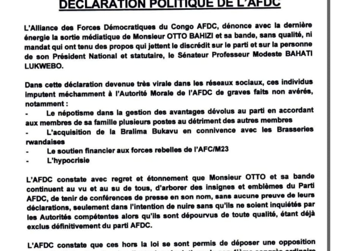 Crise à l’AFDC : le camp Bahati Lukwebo charge Otto Bahizi et dénonce une “campagne de déstabilisation”