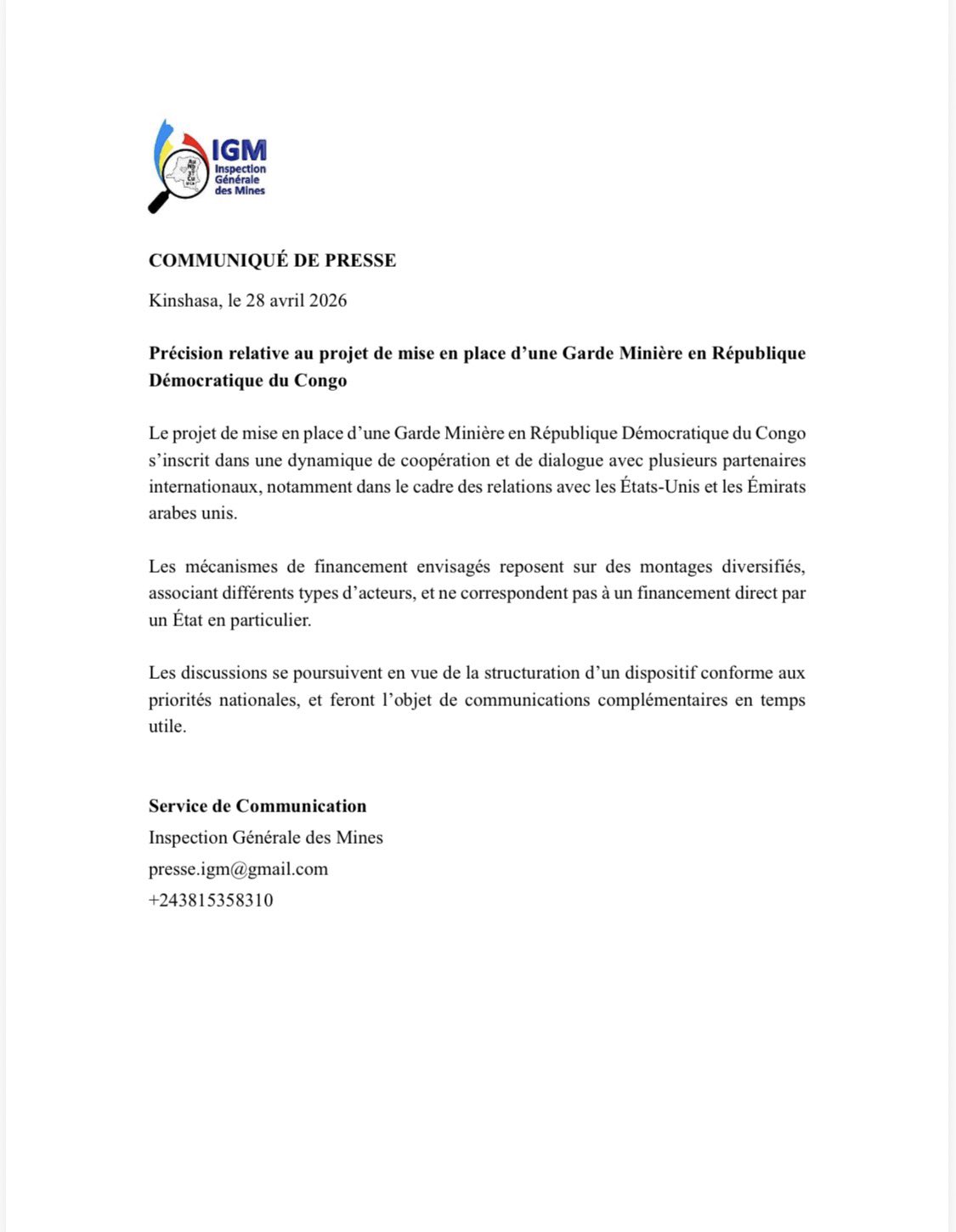 Garde minière en RDC : l’Inspection Général des Mines se rétracte et rectifie les tirs